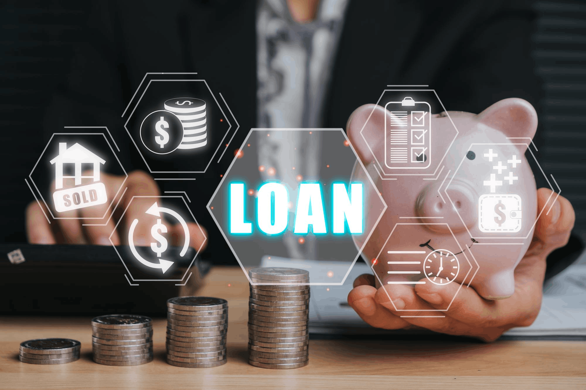 Piggy bank beside stacked coins with glowing 'LOAN' icons, illustrating lending and savings. (Informative)
