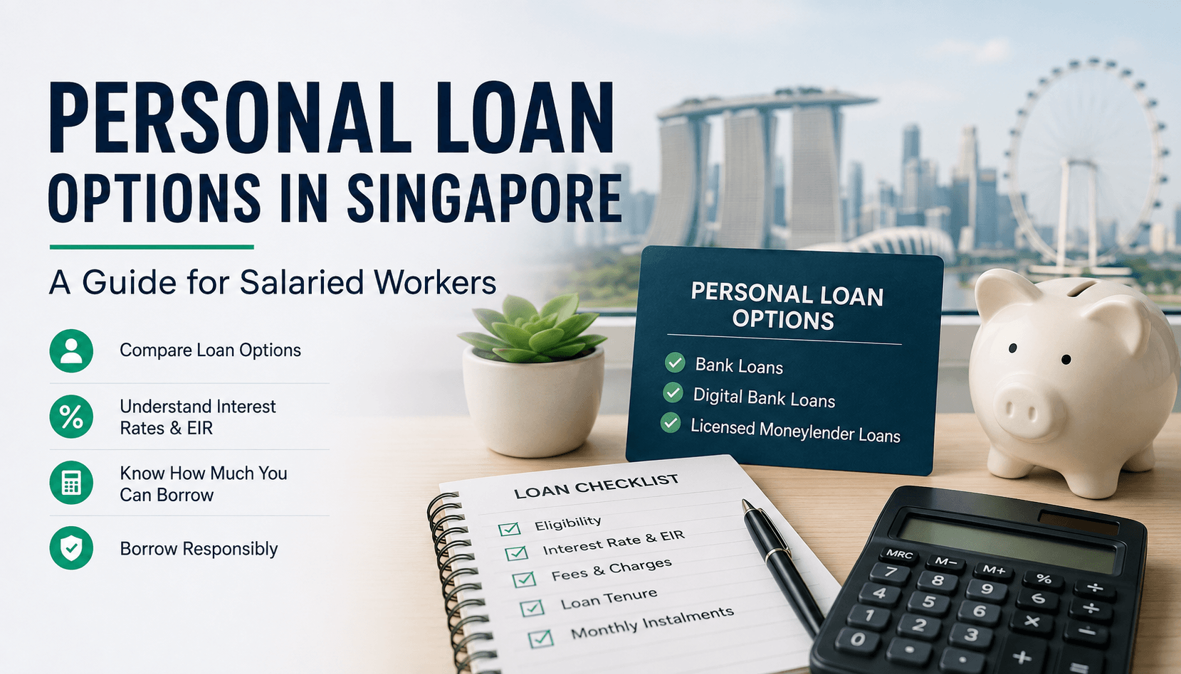 Promotional image for personal loan options in Singapore for salaried workers, featuring a loan checklist, piggy bank, calculator, and city skyline backdrop.