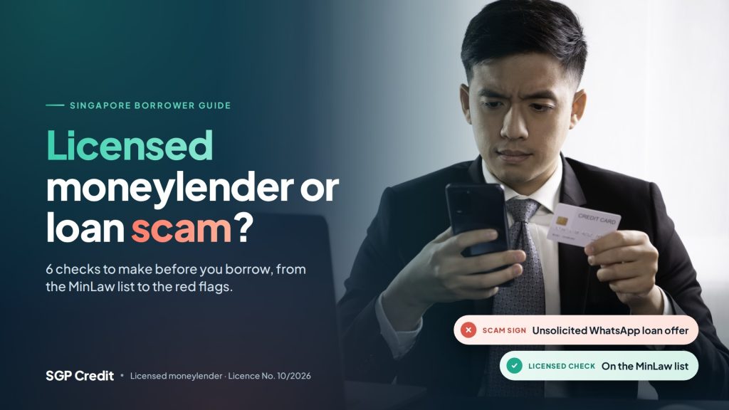 Man in a suit looks at a smartphone while holding a credit card, overlaid with text about licensed moneylender vs loan scam.